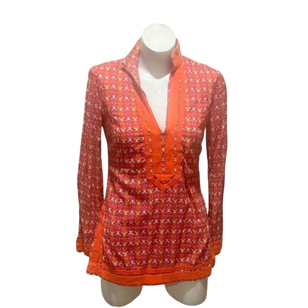 Tory Burch Tunic Top Womens Size 2 Multicolor Geometric V-Neck Long Sleeve
